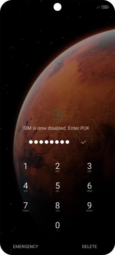 Key in the PUK and press the confirm icon.
