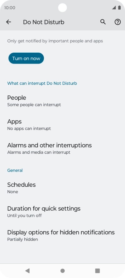 Press Turn on now to turn on Do Not Disturb.