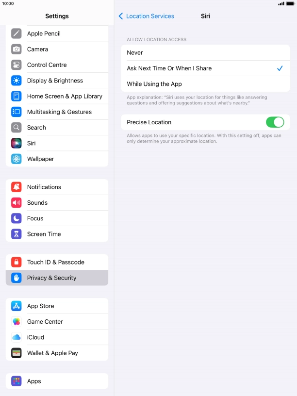 Press the required setting to turn the function on or off.