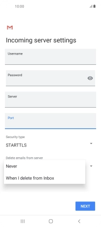 Press Never to keep email messages on the server when you delete them on your phone.
