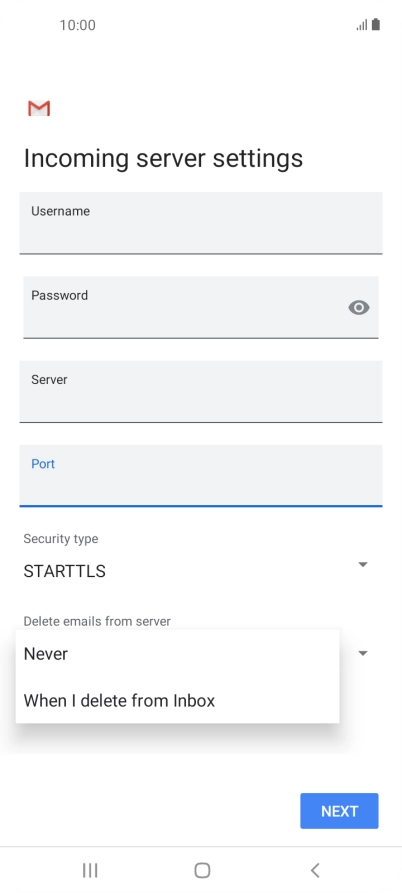 Press Never to keep email messages on the server when you delete them on your phone.
