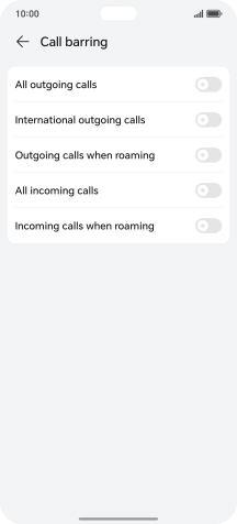 Press the indicator next to the required barring type to turn the function on or off.