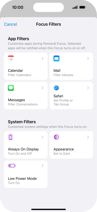 To see specific calendars in the selected focus mode, press Calendar and follow the instructions on the screen to select the required calendars.