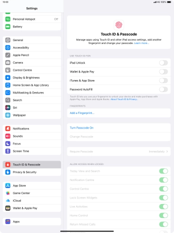 Press Turn Passcode On and key in a lock code of your own choice twice.