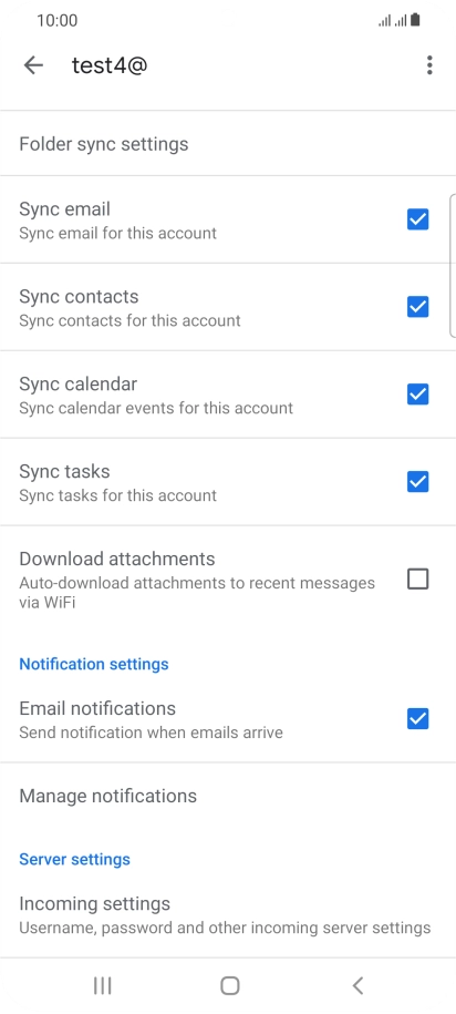 Press the fields next to the required data types to turn synchronisation on or off.