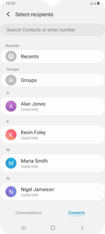 Press the search field and key in the first letters of the recipient's name.