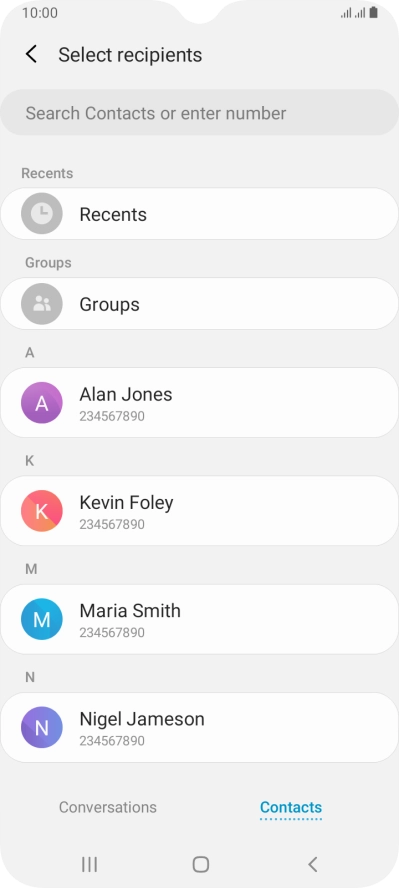 Press the search field and key in the first letters of the recipient's name.