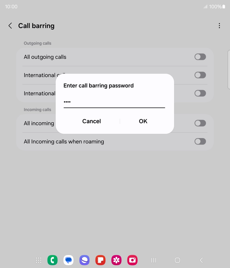 Key in your barring password and press OK. The default barring password is 1919.