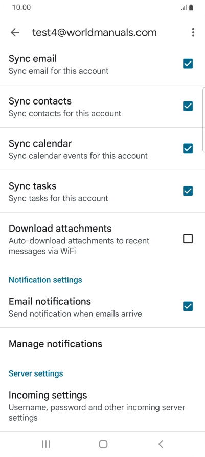 Press the fields next to the required data types to turn synchronisation on or off.