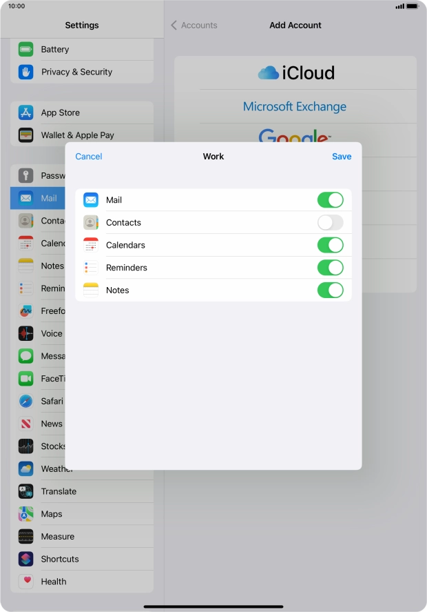 Press the indicators next to the required data types to turn synchronisation of each data type on or off.