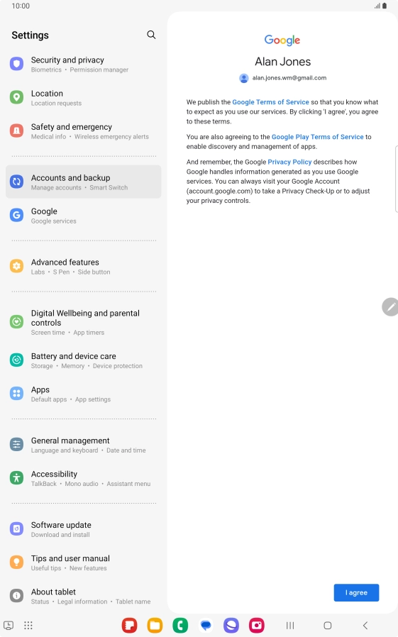 Press I agree and follow the instructions on the screen to select settings for your Google account.