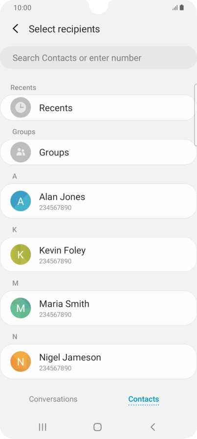 Press the search field and key in the first letters of the recipient's name.