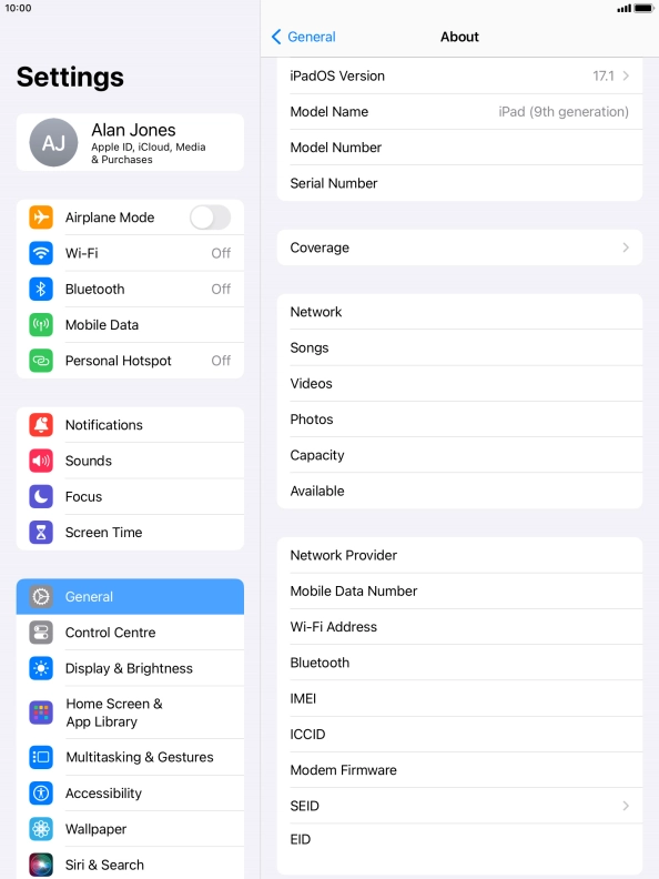 Your tablet's software version is displayed next to iPadOS Version.