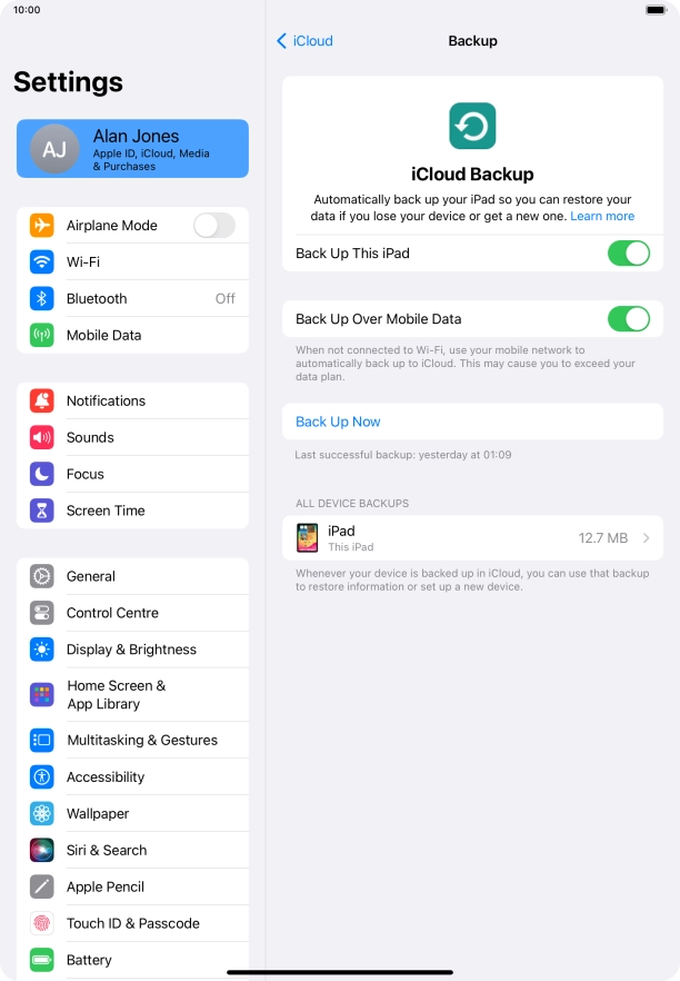 Press Back Up Now and wait while the tablet memory is backed up.