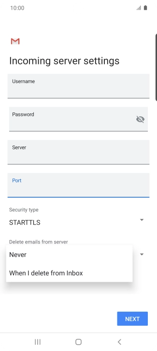 Press Never to keep email messages on the server when you delete them on your phone.