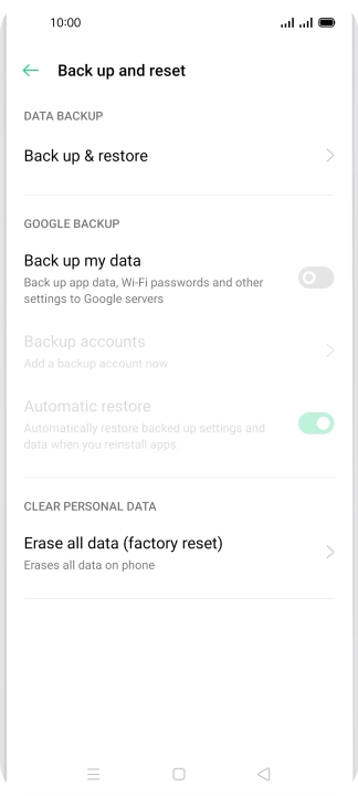 Press Erase all data (factory reset).