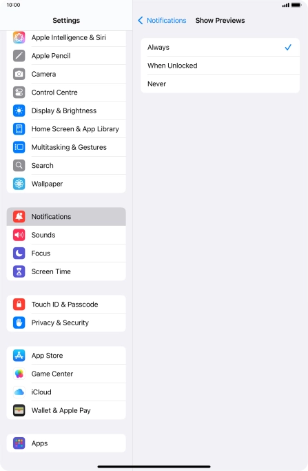 To select notification preview on the lock screen, press Always.