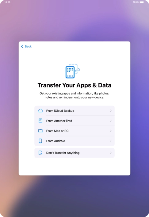 When this screen is displayed, your tablet is ready to restore content from an iCloud backup.