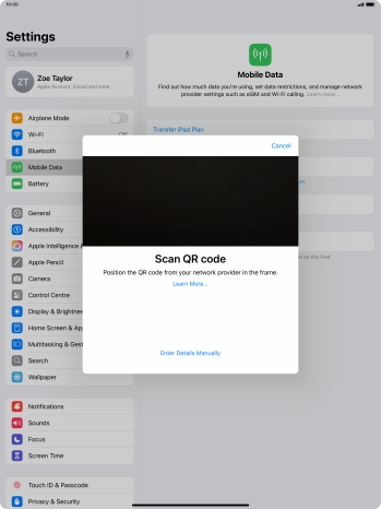 Place the QR code you've received inside the tablet camera frame to scan the code. If you’ve deleted your eSIM, you can re-add it using your existing QR code. If you’re having problems, see our FAQ.