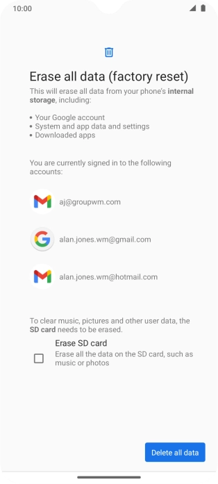 Press Delete all data.