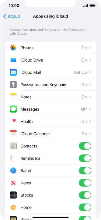 Press the indicators next to the required data types to turn synchronisation of each data type on or off.