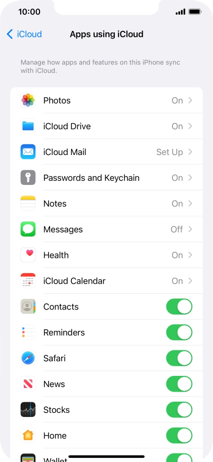 Press the indicators next to the required data types to turn synchronisation of each data type on or off.