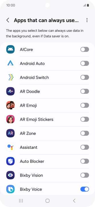 Press the indicators next to the required apps to turn the function on or off.
