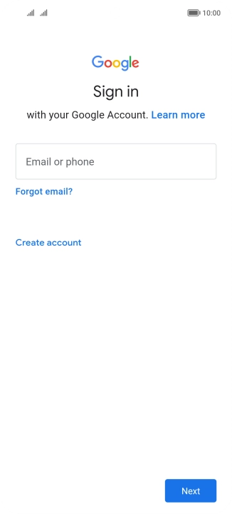 If you don't have a Google account, press Create account and follow the instructions on the screen to create an account.