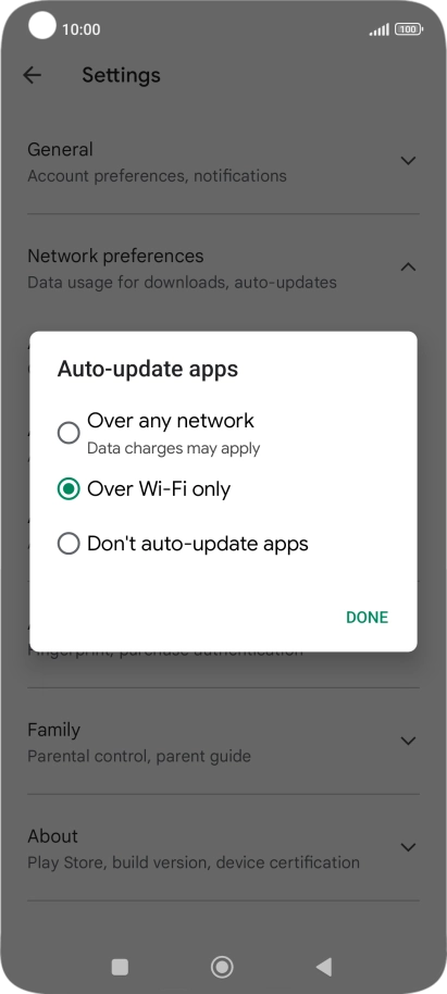To turn on automatic update of apps using mobile network, press Over any network.