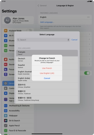 To select the new language as the default tablet language, press Use ‹language›.
