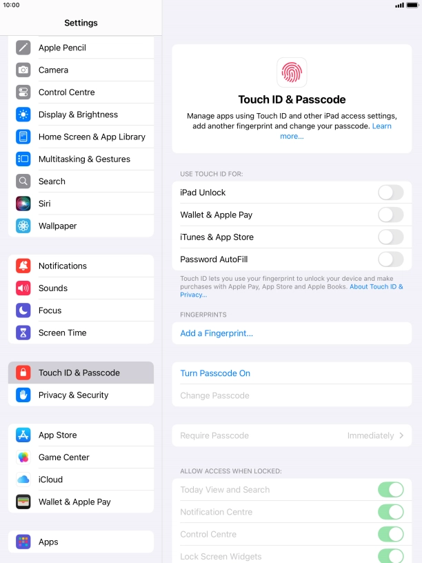 Press Turn Passcode On and key in a lock code of your own choice twice.