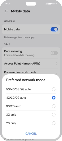 Press the required network mode.