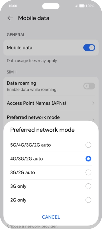 Press the required network mode.