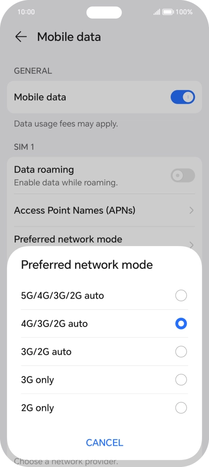Press the required network mode.