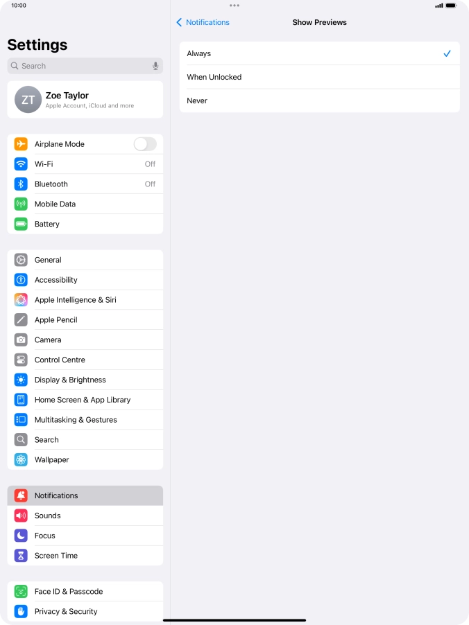 To select notification preview on the lock screen, press Always.