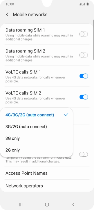 Press the required network mode.