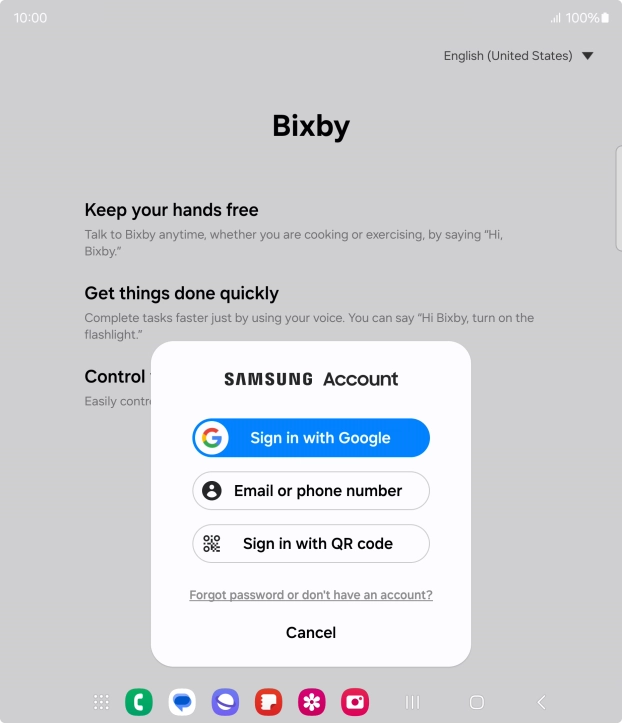 Press Email or phone number and follow the instructions on the screen to log on to your Samsung account.