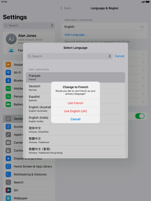 To select the new language as the default tablet language, press Use ‹language›.
