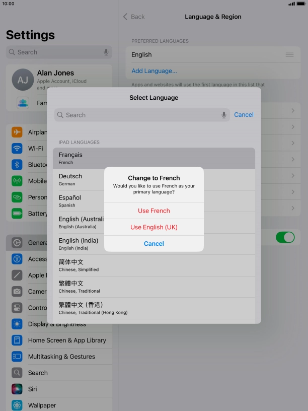 To select the new language as the default tablet language, press Use ‹language›.