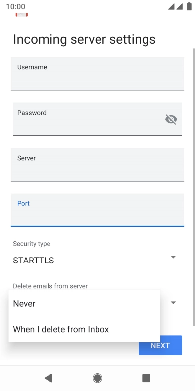 Press Never to keep email messages on the server when you delete them on your phone.