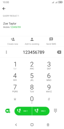 Key in the required number and press the call icon next to the required SIM.