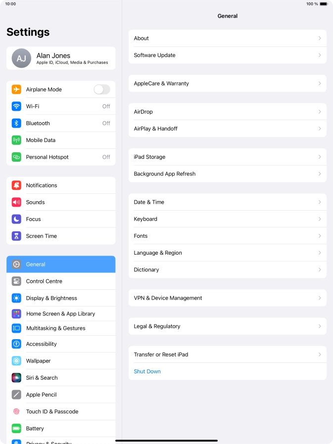 Press Transfer or Reset iPad.