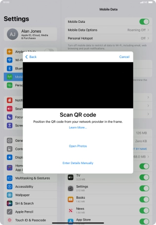 Place the QR code you've received inside the tablet camera frame to scan the code. If you’ve deleted your eSIM, you can re-add it using your existing QR code. If you’re having problems, see our FAQ.