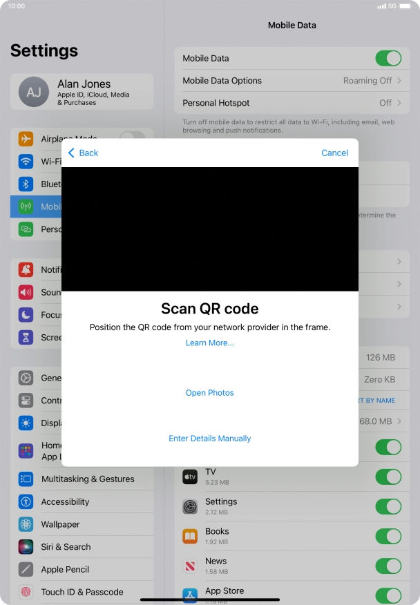 Place the QR code you've received inside the tablet camera frame to scan the code. If you’ve deleted your eSIM, you can re-add it using your existing QR code. If you’re having problems, see our FAQ.