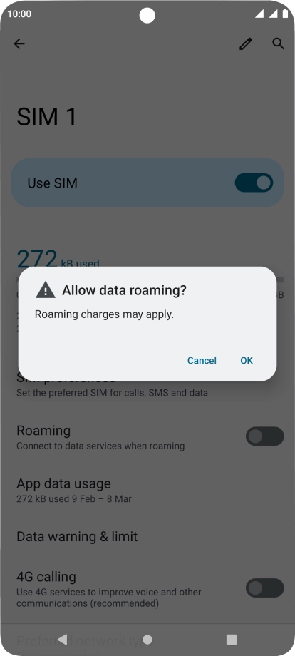 If you turn on data roaming, press OK.