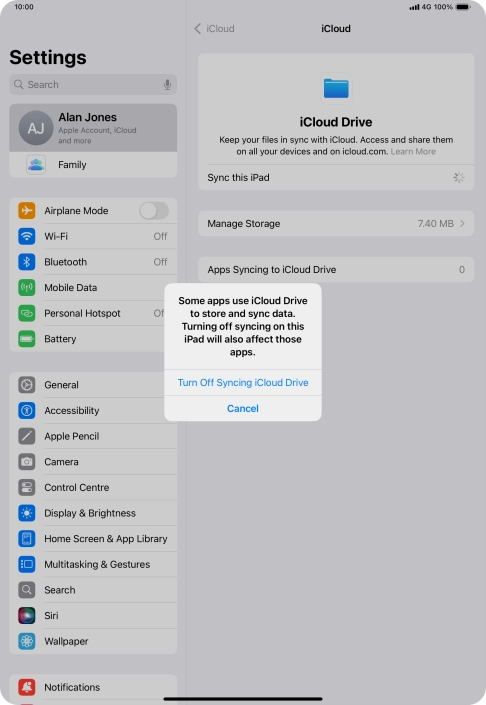 If you turn off the function, press Turn Off Syncing iCloud Drive.