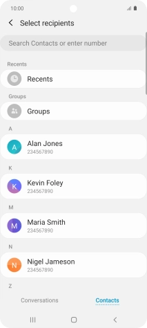 Press the search field and key in the first letters of the recipient's name.