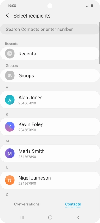 Press the search field and key in the first letters of the recipient's name.