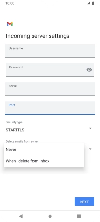 Press Never to keep email messages on the server when you delete them on your phone.