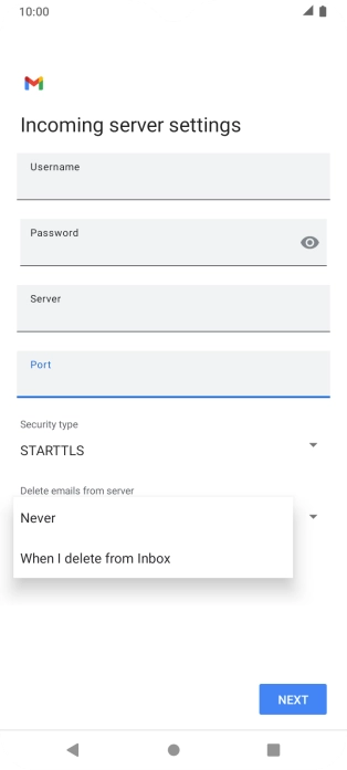 Press Never to keep email messages on the server when you delete them on your phone.